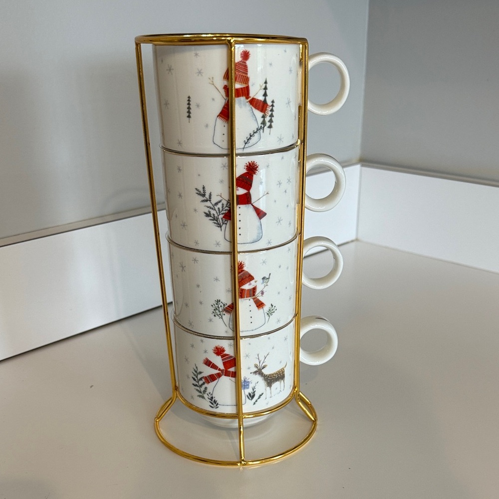 Snowman Stacking Mugs with Gold Stand